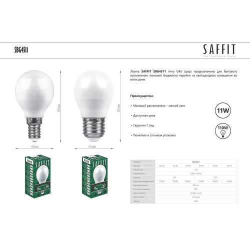 Лампа светодиодная SAFFIT SBG4511 Шарик E14 11W 230V 2700K 55136