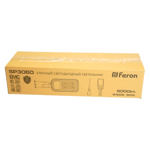 Светодиодный уличный консольный светильник Feron SP3060 50W 6400K 100-265V/50Hz, серый 48762