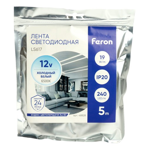 Светодиодная LED лента Feron LS617, 240SMD(2835)/м 19Вт/м 12V 5000*10*1.22мм 6500К, IP20 Артикул 48828