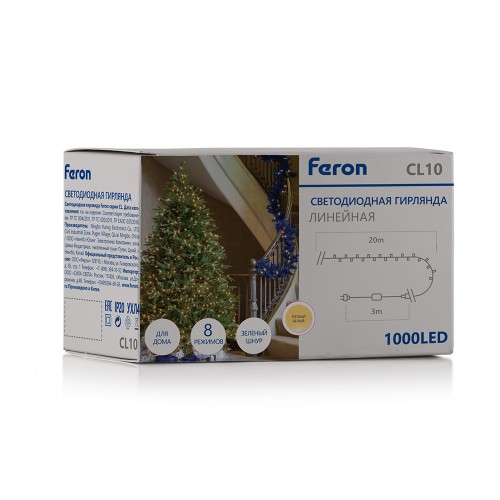 Светодиодная гирлянда Кластер Feron CL10 линейная 20м + 3м 230V 2700К, c питанием от сети, зеленый шнур