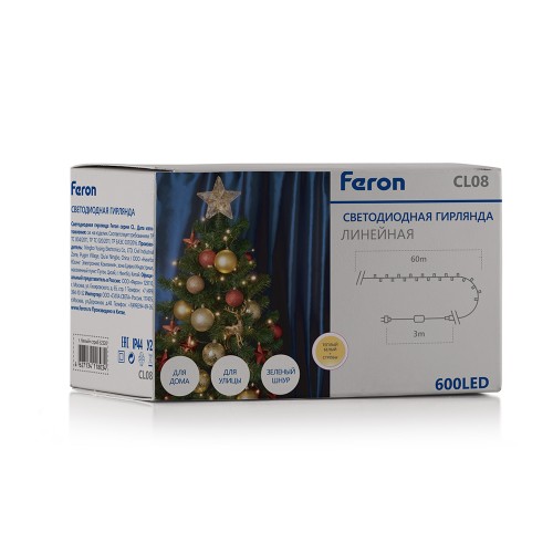 Светодиодная гирлянда Feron CL08 линейная 60м + 3м 230V 2700К, c питанием от сети, эффектом стробов, зеленый шнур