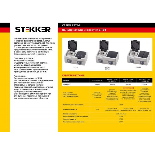 Розетка 2-местная с крышкой с/з STEKKER PST16-12-54, пластик АВS, 250В, 16А, IP54, серый/графит 32754