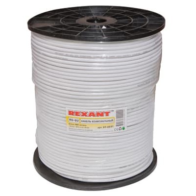 Кабель коаксиальный RG-6U, 75Ом, Cu/Al/Cu, 64%, 305м, INDOOR, белый REXANT