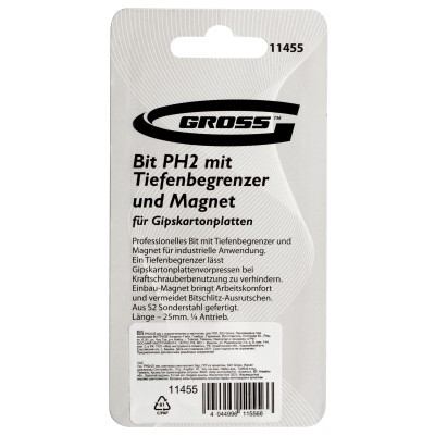 Бита PH2 x 25 мм с ограничителем и магнитом, для ГКЛ, S2 Gross