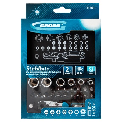Набор бит и головок торцевых, 1/4, магнитный адаптер, сталь S2, пластиковый кейс, 26 предметов Gross Набор бит и головок торцевых, 1/4, магнитный адаптер, сталь S2, пластиковый кейс, 26 предметов Gross