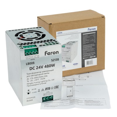Трансформатор электронный для светодиодной ленты на DIN-рейку 480W 24V 63*125.5*113мм IP20, LB008