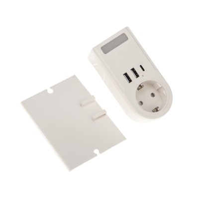 Адаптер USB многофункциональный (2хUSB-A, USB-С, розетка 220-250В) с подсветкой и подставкой для телефона REXANT