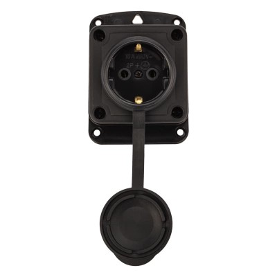 Розетка влагозащищенная угловая с крышкой 1 гнездо, 2Р+РЕ, 230В, с/3, 16А, IP44, каучук, черная PROconnect Розетка влагозащищенная угловая с крышкой 1 гнездо, 2Р+РЕ, 230В, с/3, 16А, IP44, каучук, черная PROconnect