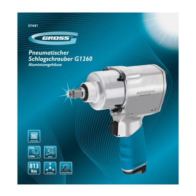Гайковерт пневматический ударный G1260,1/2, Twin Hammer, 813Нм, 7000 об/мин Gross Гайковерт пневматический ударный G1260,1/2, Twin Hammer, 813Нм, 7000 об/мин Gross