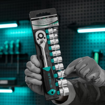 Набор торцевых головок, 3/8", головки 7 - 22 мм, с трещот. ключом, CrV,11 предметов Stels Набор торцевых головок, 3/8", головки 7 - 22 мм, с трещот. ключом, CrV,11 предметов Stels