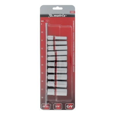 Набор удлиненных торцевых головок 3/8", 6 гранные, CrV, 8-19мм, 10 штук Matrix Набор удлиненных торцевых головок 3/8", 6 гранные, CrV, 8-19мм, 10 штук Matrix