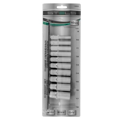 Набор удлиненных торцевых головок 3/8, шестигранные, CrV, 10 шт, 8-19 мм Stels Набор удлиненных торцевых головок 3/8, шестигранные, CrV, 10 шт, 8-19 мм Stels