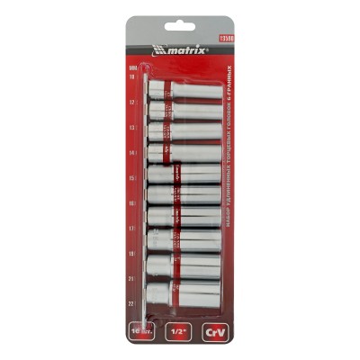 Набор удлиненных торцевых головок 1/2", 6 гранные, CrV, 10-22мм, 10 штук Matrix Набор удлиненных торцевых головок 1/2", 6 гранные, CrV, 10-22мм, 10 штук Matrix