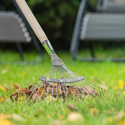 Грабли веерные стальные, 350 х 1450 мм, 18 круглых зубьев, деревянный черенок, Сибртех