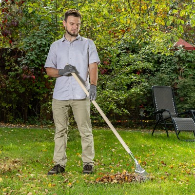 Грабли веерные стальные, 350 х 1450 мм, 18 круглых зубьев, деревянный черенок, Сибртех