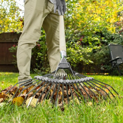 Грабли веерные стальные, 385 х 1450 мм, 20 плоских зубьев, деревянный черенок, Сибртех