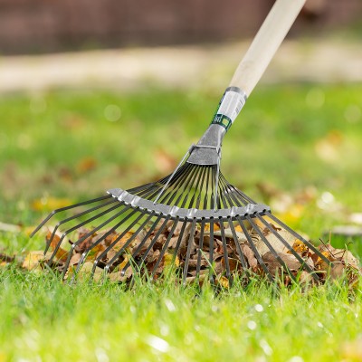 Грабли веерные стальные, 385 х 1450 мм, 20 плоских зубьев, деревянный черенок, Сибртех