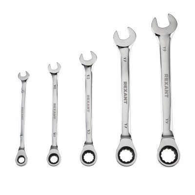 Набор ключей комбинированных трещоточных (8, 10, 13, 17, 19мм), 5 шт, CrV, зеркальное хромирование REXANT Набор ключей комбинированных трещоточных (8, 10, 13, 17, 19мм), 5 шт, CrV, зеркальное хромирование REXANT