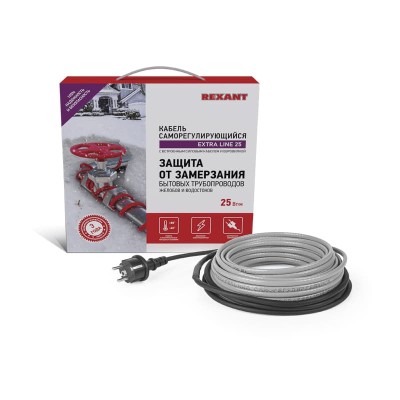 Кабель греющий саморегулирующийся модель SRL Extra Line 25MSR-PB, на трубу, 6м/150Вт REXANT