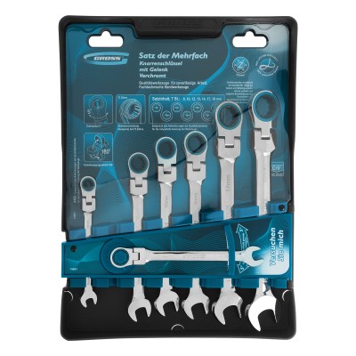Набор ключей комбинированных с трещоткой, 8-19 мм, 7 шт, шарнирные, CrV Gross Набор ключей комбинированных с трещоткой, 8-19 мм, 7 шт, шарнирные, CrV Gross