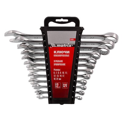 Набор ключей комбинированных, 6-22 мм, 12 шт, CrV, полированный хром Matrix Набор ключей комбинированных, 6-22 мм, 12 шт, CrV, полированный хром Matrix