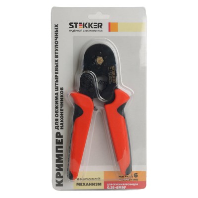 Кримпер STEKKER CTLS006-250 для обжима штыревых втулочных наконечников 0,25-6мм2, 6 сегментов,красный, черный