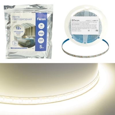 Светодиодная LED лента Feron LS617, 240SMD(2835)/м 19Вт/м 12V 5000*10*1.22мм 4000К, IP20 Артикул 48827