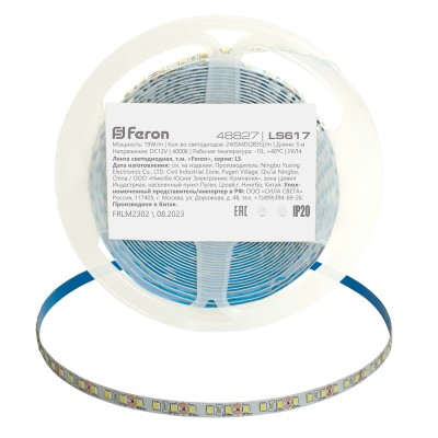 Светодиодная LED лента Feron LS617, 240SMD(2835)/м 19Вт/м 12V 5000*10*1.22мм 4000К, IP20 Артикул 48827