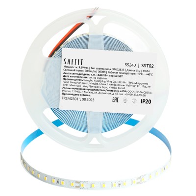 SST02 SAFFIT 120SMD(2835)/м 9.6Вт/м 12V 5000*8*1.22мм 3000К, IP20 Артикул 55240