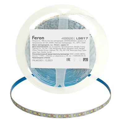 Светодиодная LED лента Feron LS617, 240SMD(2835)/м 19Вт/м 12V 5000*10*1.22мм 3000К, IP20 Артикул 48826