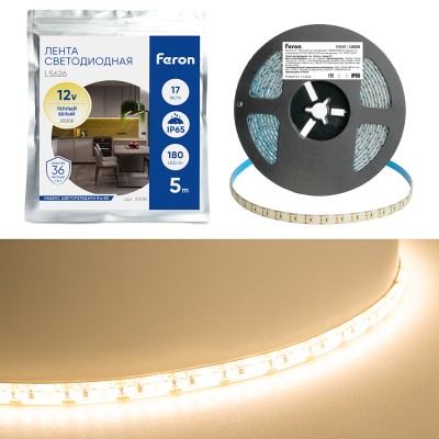 Светодиодная Светодиодная LED лента Feron LS626, 180SMD(2835)/m 17W/m 12V 5000*10*1,22мм 3000К IP65 Артикул 51638