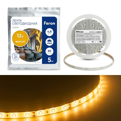 Светодиодная LED лента Feron LS604, 60SMD(2835)/m 4.8W/m 12V IP65 5m желтый Артикул 27674