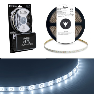 Светодиодная LED лента Feron LS606, 60SMD(5050)/m 14.4W/m 12V 3m 6500К с адаптером с вилкой в комплекте Артикул 27720