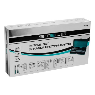 Набор торцевых головок с трещоткой, 1/4", 26 предметов Stels