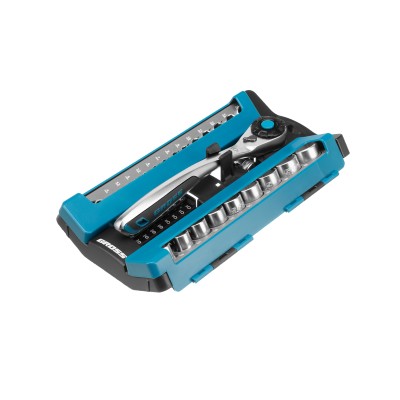 Набор торцевых головок, трещотка 120 зубьев, 1/2", 1/4", CrV, 41 предмет Gross Набор торцевых головок, трещотка 120 зубьев, 1/2", 1/4", CrV, 41 предмет Gross