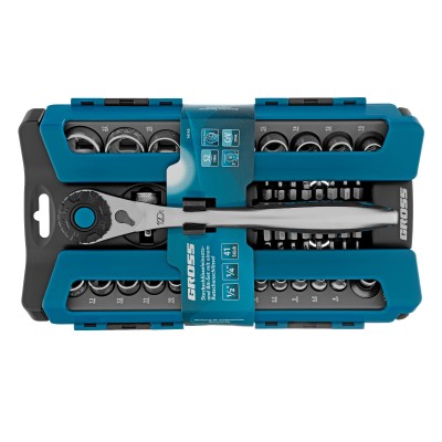 Набор торцевых головок, трещотка 120 зубьев, 1/2", 1/4", CrV, 41 предмет Gross Набор торцевых головок, трещотка 120 зубьев, 1/2", 1/4", CrV, 41 предмет Gross