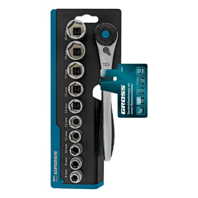 Набор торцевых головок, трещотка 120 зубьев, 3/8", CrV, 12 предметов Gross Набор торцевых головок, трещотка 120 зубьев, 3/8", CrV, 12 предметов Gross