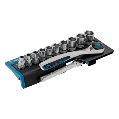 Набор торцевых головок, трещотка 120 зубьев, 3/8", CrV, 12 предметов Gross Набор торцевых головок, трещотка 120 зубьев, 3/8", CrV, 12 предметов Gross