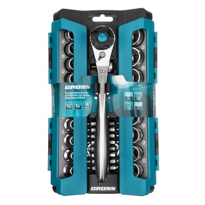 Набор торцевых головок, трещотка 120 зубьев, 1/2",3/8”, CrV, 36 предметов Gross