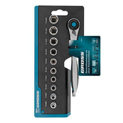 Набор торцевых головок, трещотка 120 зубьев, 1/4", CrV, 12 предметов Gross Набор торцевых головок, трещотка 120 зубьев, 1/4", CrV, 12 предметов Gross