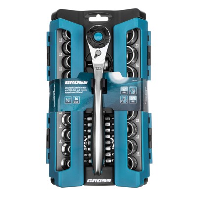 Набор торцевых головок, трещотка 120 зубьев, 1/2", CrV, 36 предметов Gross