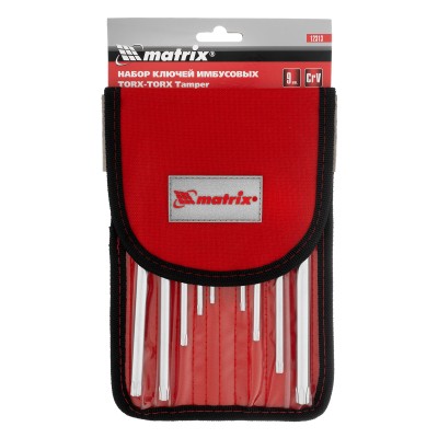 Набор ключей имбусовых Torx -Torx Tamper: 9 шт, T10-T50, CrV, удлиненных, с сатинированным покрытием, чехол Matrix Набор ключей имбусовых Torx -Torx Tamper: 9 шт, T10-T50, CrV, удлиненных, с сатинированным покрытием, чехол Matrix