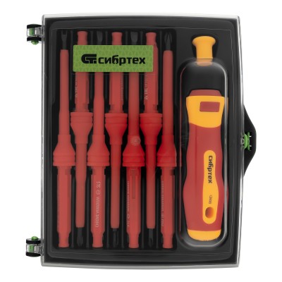 Отвертка со сменными жалами, диэлектрическая до 1000 В, 9 предметов, CrV Сибртех Отвертка со сменными жалами, диэлектрическая до 1000 В, 9 предметов, CrV Сибртех