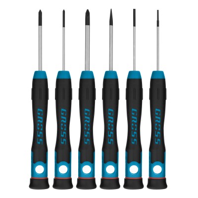 Набор отверток для точной механики, CrMo, двухкомпонентные рукоятки, 6 шт, пластиковый бокс Gross