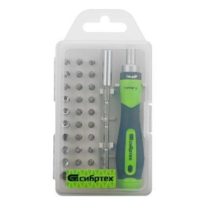 Отвертка реверсивная для точных работ с набором бит и торцевых головок, 32 предмета, CrV Сибртех Отвертка реверсивная для точных работ с набором бит и торцевых головок, 32 предмета, CrV Сибртех