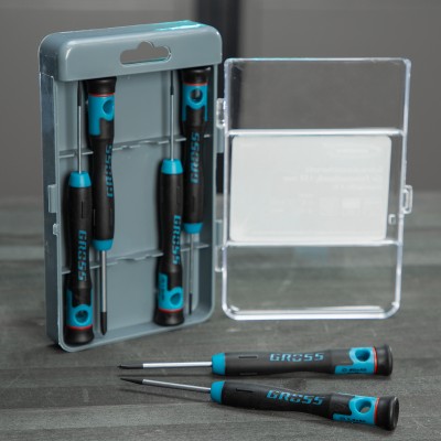 Набор отверток для точной механики, CrMo, двухкомпонентные рукоятки, 6 шт, пластиковый бокс Gross Набор отверток для точной механики, CrMo, двухкомпонентные рукоятки, 6 шт, пластиковый бокс Gross