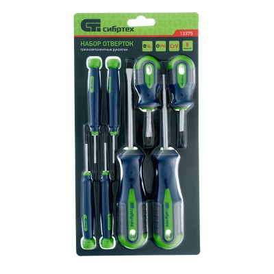 Набор отверток универсальный, CrV, трехкомпонентные рукоятки, 8 предметов Сибртех Набор отверток универсальный, CrV, трехкомпонентные рукоятки, 8 предметов Сибртех