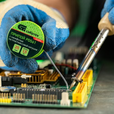 Припой с канифолью, D 1.5 мм, 25 г, POS61, на пластмассовой катушке Сибртех