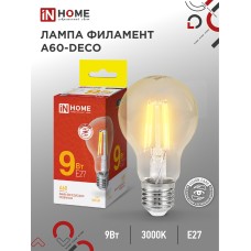 Лампа светодиодная LED-A60-deco 9Вт 230В Е27 3000К 1040Лм прозрачная IN HOME IN HOME