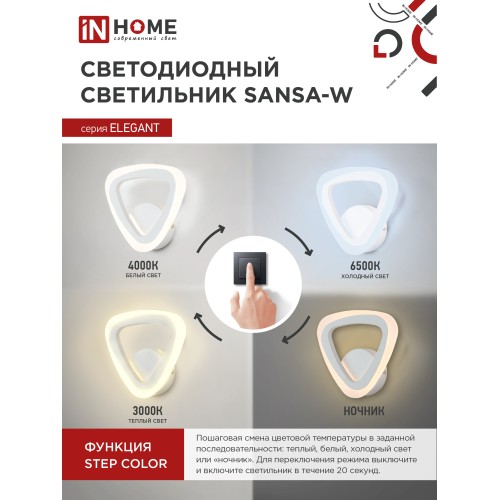 Светильник светодиодный ELEGANT SANSA-15W 15Вт 230В 3000-4000-6500K 1050Лм STEP COLOR белый IN HOME IN HOME